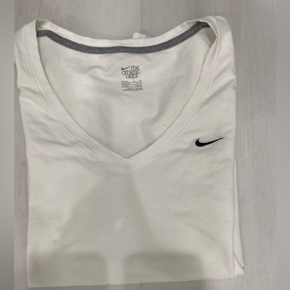 Nike White V-Neck Tee with Navy Logo
